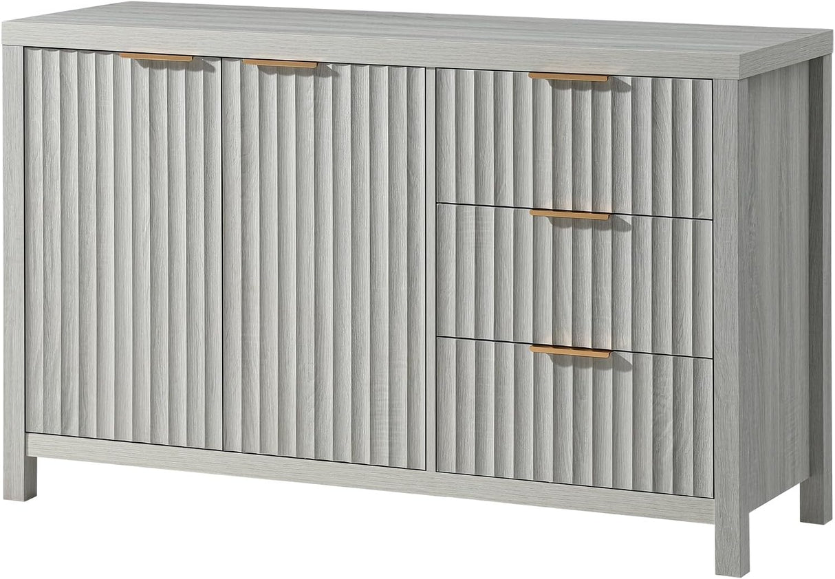 Wooden Fluted Storage Cabinet with Double Doors and 3 Drawers