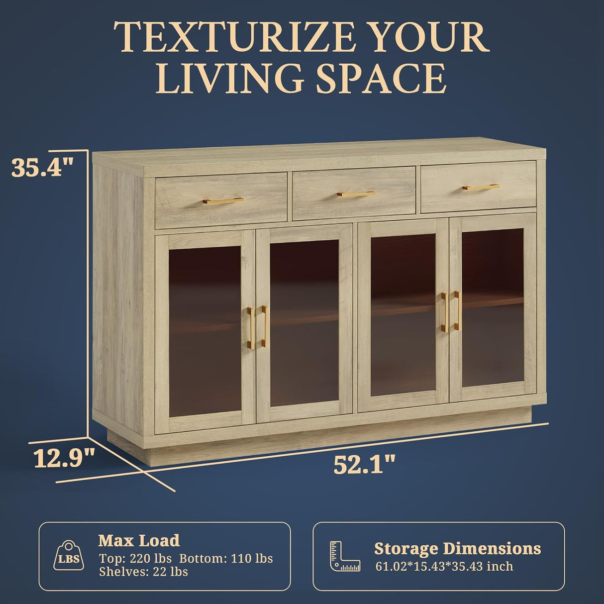 Glass 4 Doors Wooden Buffet Cabinet with 3 Top Drawers