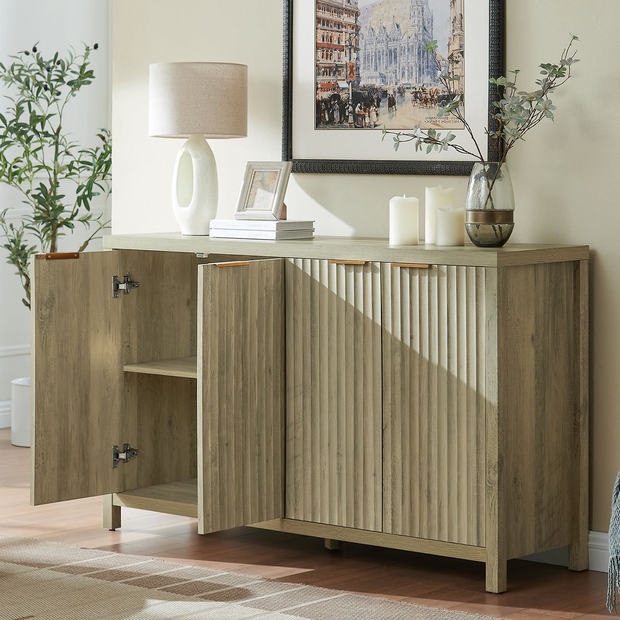Wooden Fluted Storage Cabinet with 4 Doors