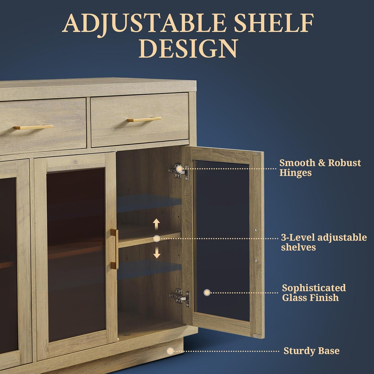 Glass 4 Doors Wooden Buffet Cabinet with 3 Top Drawers