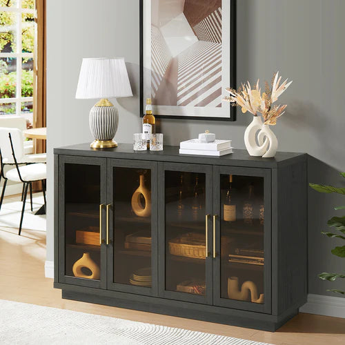 Give Your Space a Retro Chic Upgrade with the Mid-Century Modern Glass 4-Door Cabinet