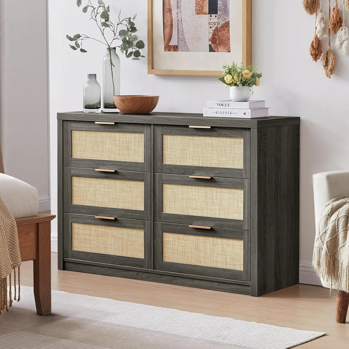 Bring Style and Serenity to Your Space with the Rattan 6-Drawer Dresser