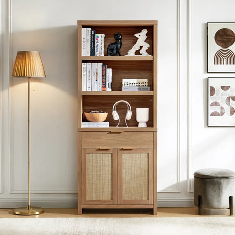 Transform Your Space with the Rattan Double Doors Wooden 5-Tier Tall Bookcase Cabinet