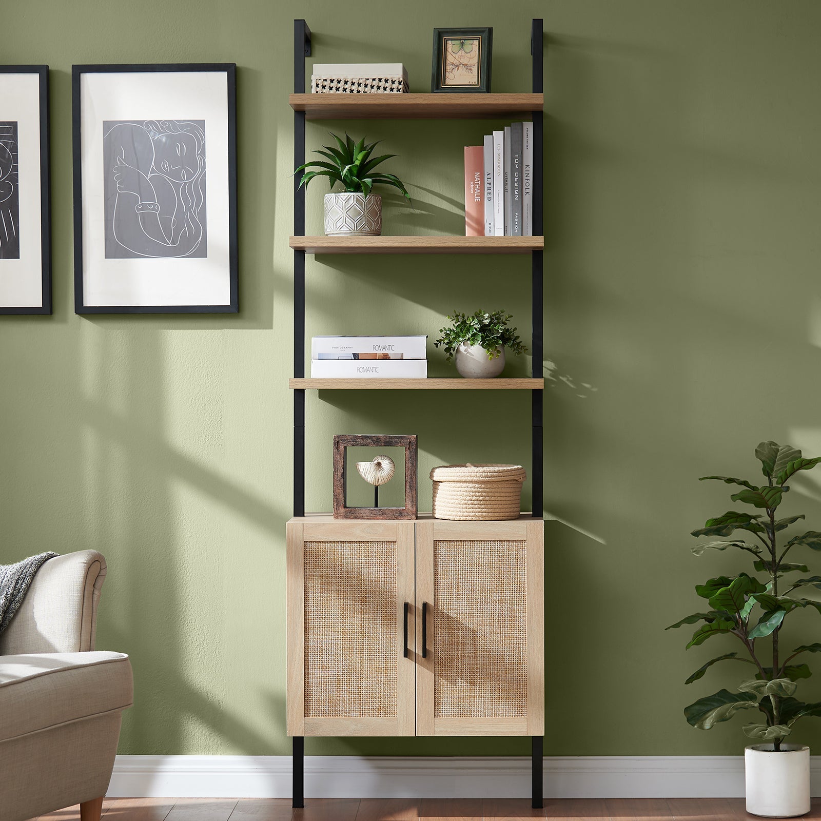 Elevate Your Space with the Rattan Ladder 5-Tier Open Bookshelf