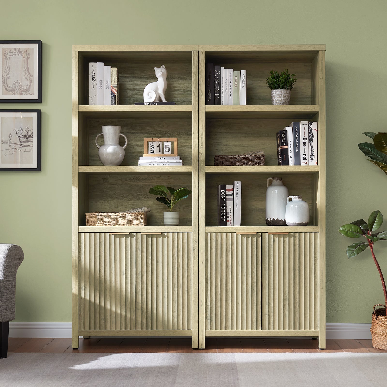 Maximize Storage and Style with the Wooden Fluted 5-Tier Tall Bookcase Cabinet