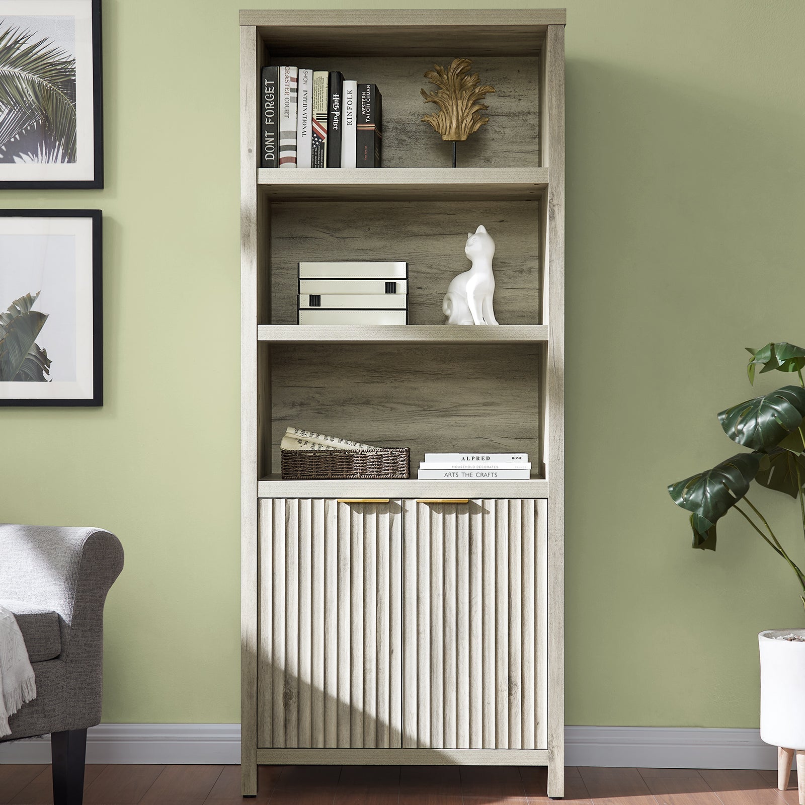 Discover the Perfect Blend of Function and Design with the Wooden Fluted 5-Tier Tall Bookcase Cabinet with Doors