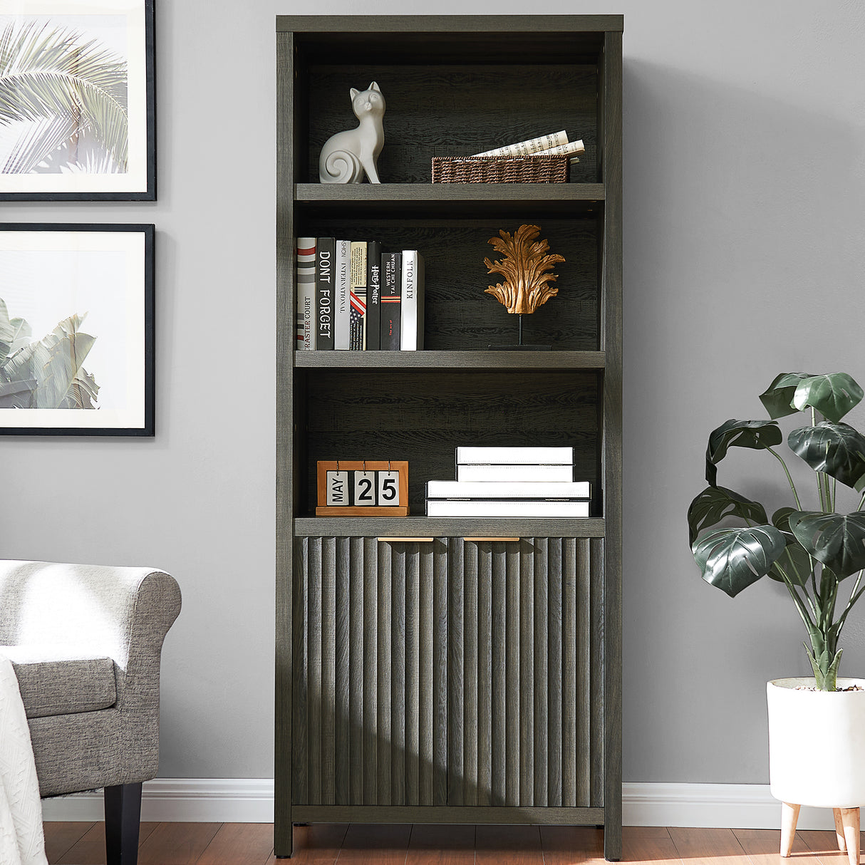 Wooden Fluted 5-Tier Tall Bookcase Cabinet with Doors