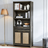 Rattan Double Doors Wooden 5-Tier Tall Bookcase Cabinet