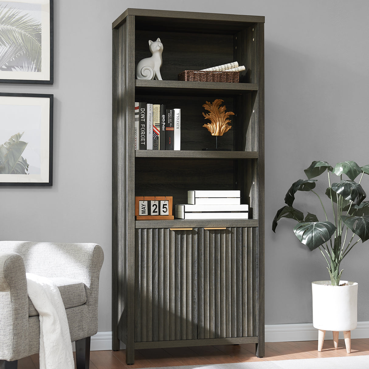 Wooden Fluted 5-Tier Tall Bookcase Cabinet with Doors