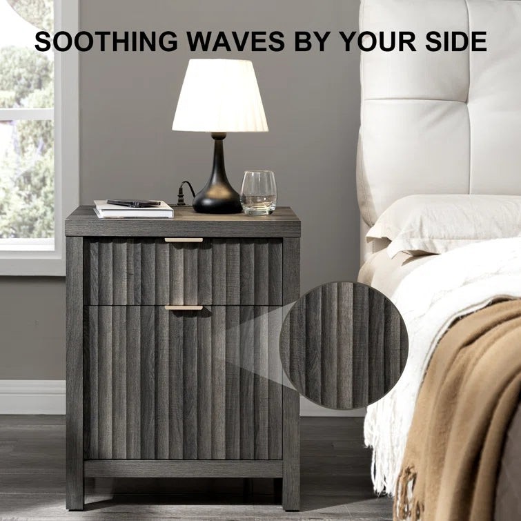 Wooden Fluted 2-Drawer Nightstand with Charging Station