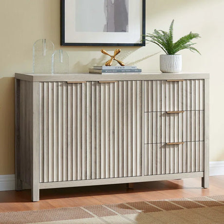 Wooden Fluted Storage Cabinet with Double Doors and 3 Drawers