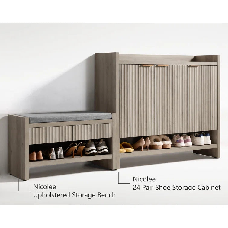 Wooden Fluted Shoe Storage Bench with 2 Drawers