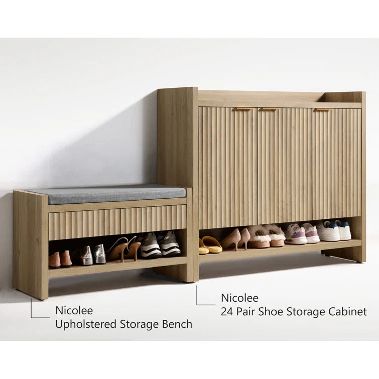 Wooden Fluted Shoe Storage Bench with 2 Drawers