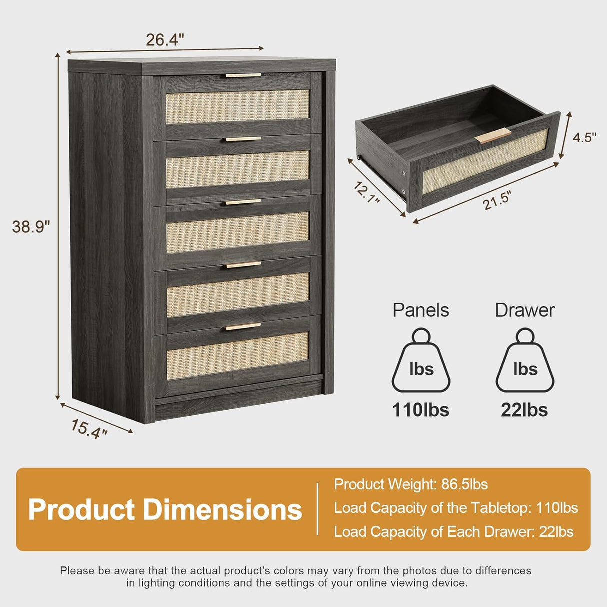 5 Drawer Rattan Dresser Storage Cane Cabinet