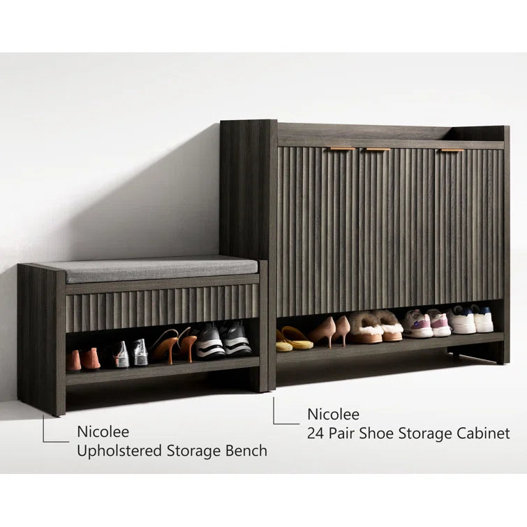 Wooden Fluted Shoe Storage Bench with 2 Drawers