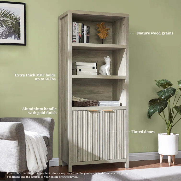 Wooden Fluted 5-Tier Tall Bookcase Cabinet with Doors