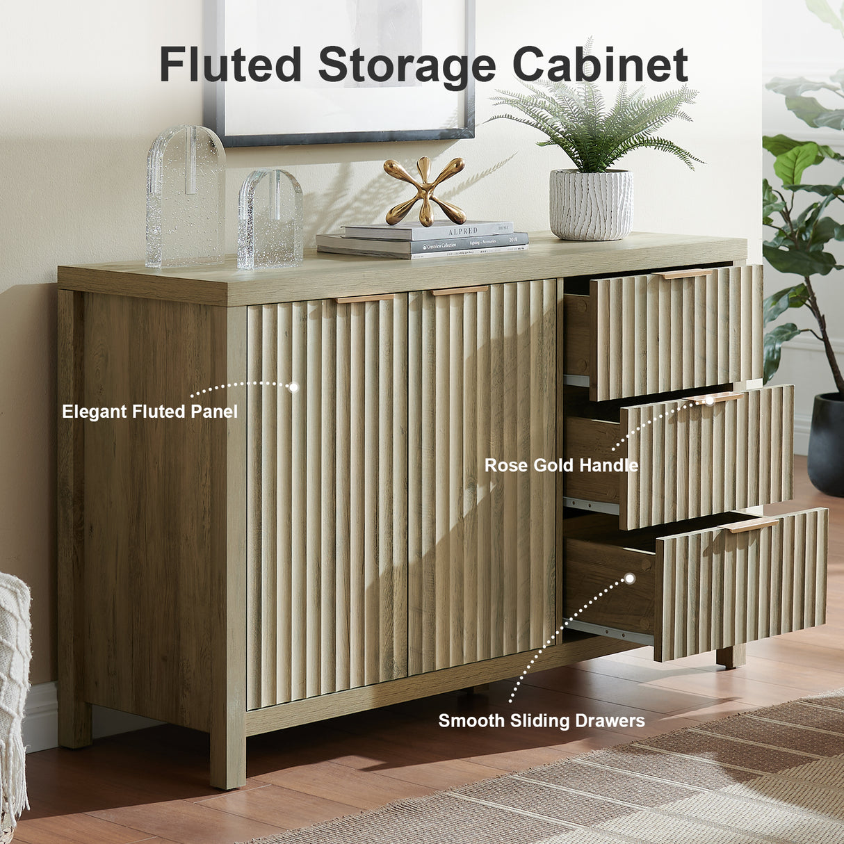 Wooden Fluted Storage Cabinet with Double Doors and 3 Drawers