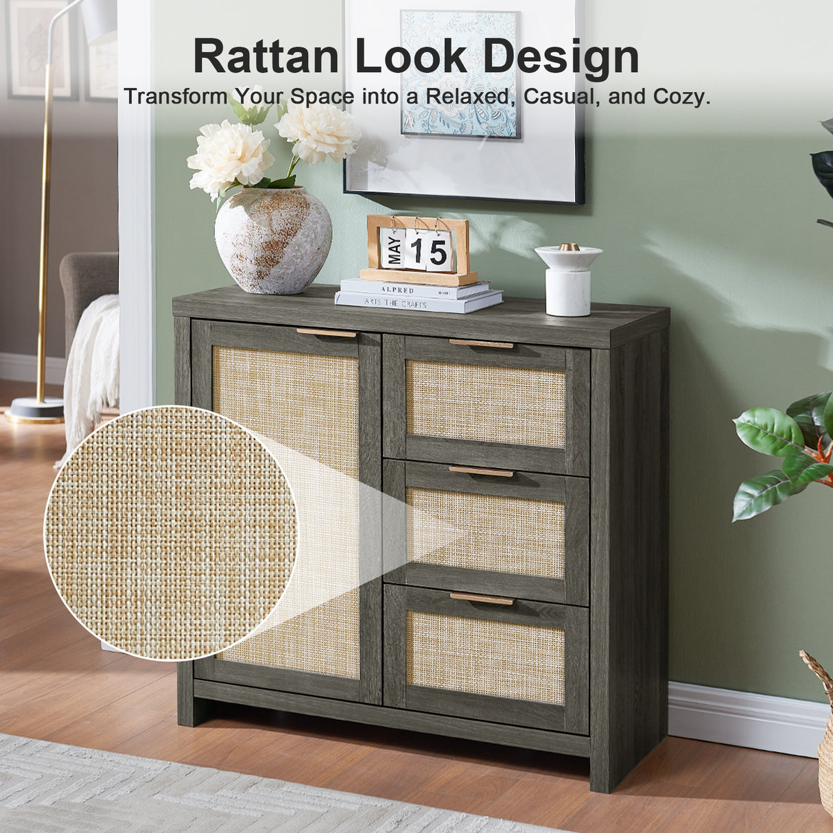 Rattan 3-Drawer 1-Door Storage Cabinet