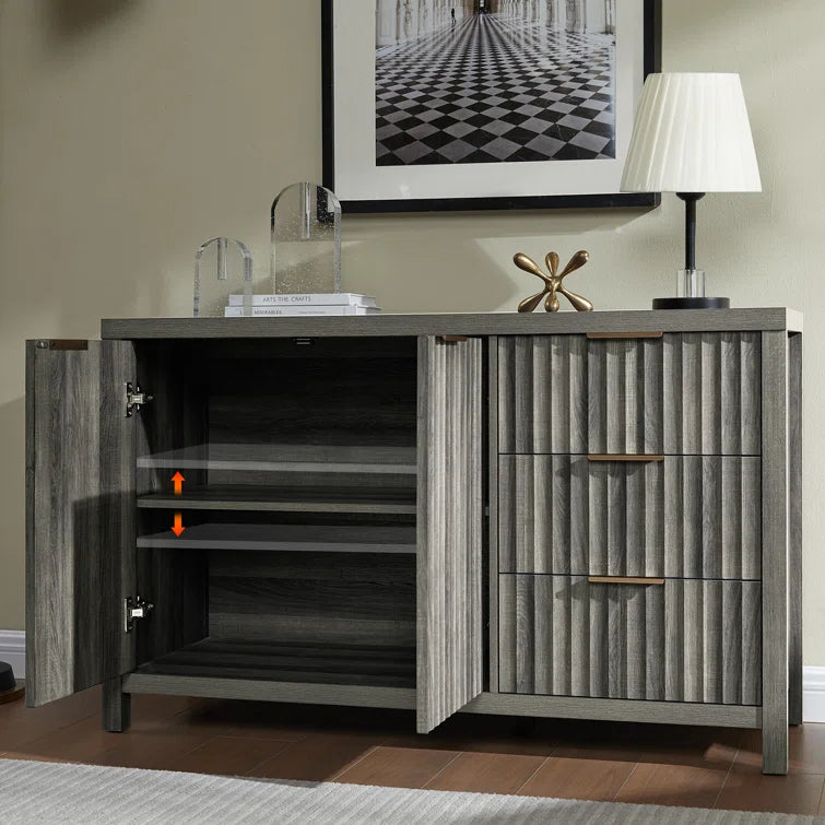 Wooden Fluted Storage Cabinet with Double Doors and 3 Drawers