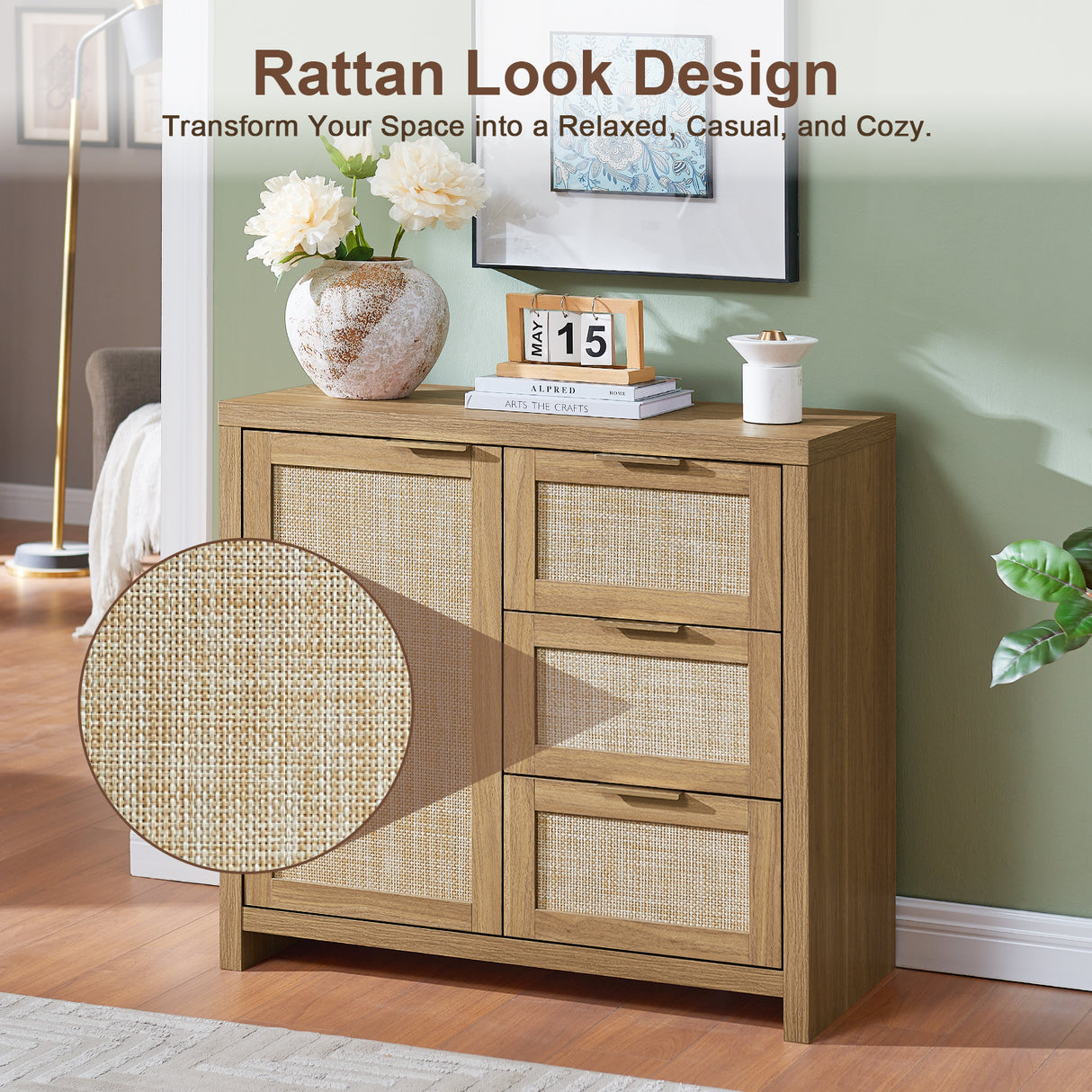 Rattan 3-Drawer 1-Door Storage Cabinet