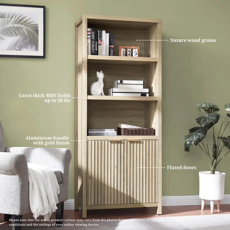 Wooden Fluted 5-Tier Tall Bookcase Cabinet with Doors