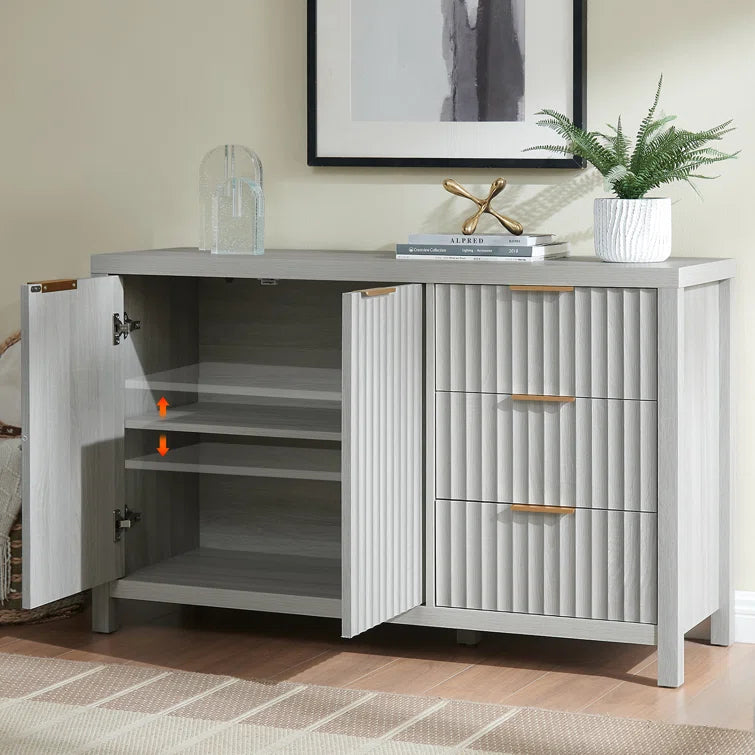 Wooden Fluted Storage Cabinet with Double Doors and 3 Drawers