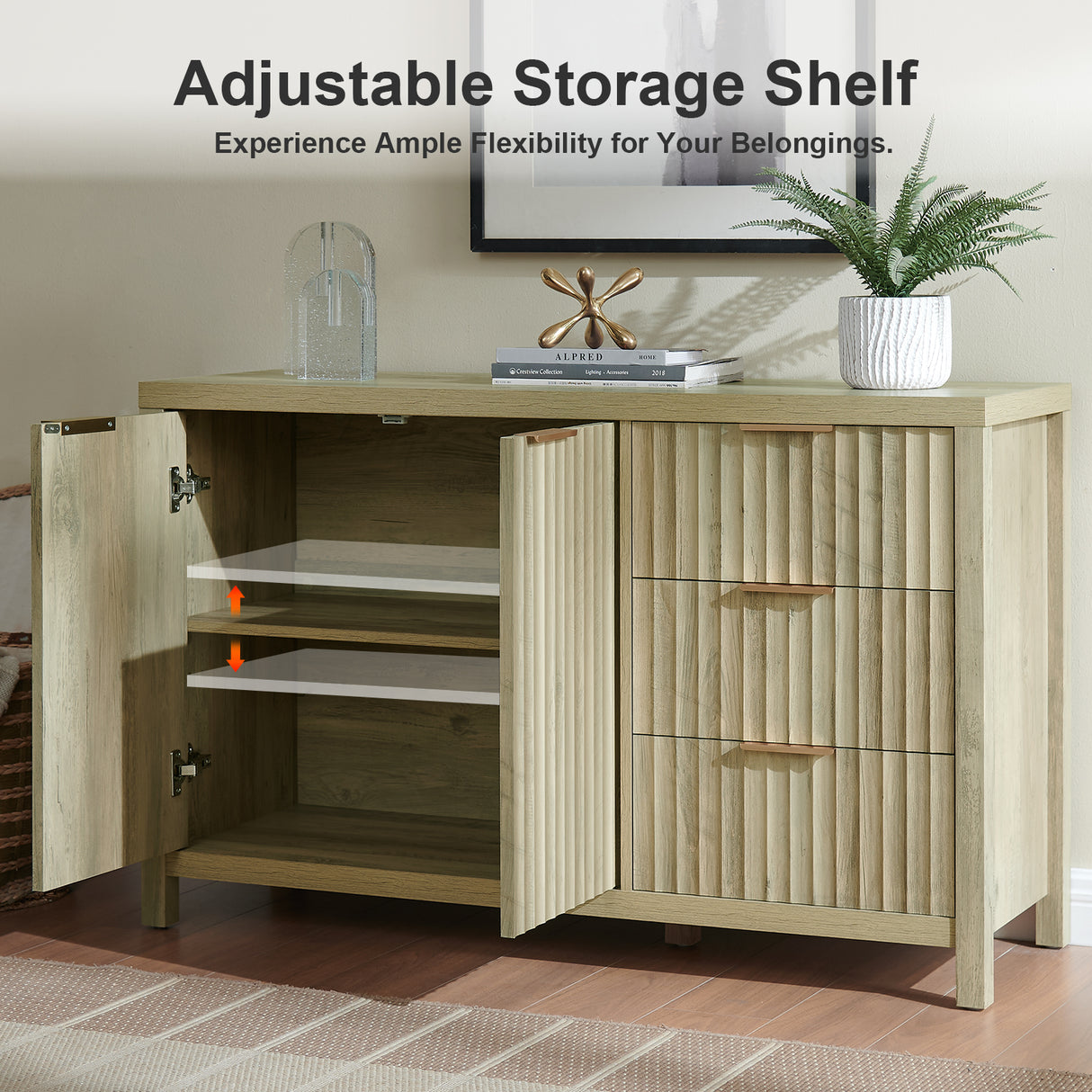 Wooden Fluted Storage Cabinet with Double Doors and 3 Drawers