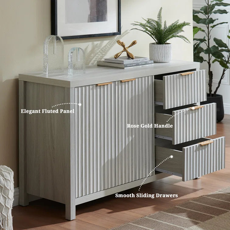 Wooden Fluted Storage Cabinet with Double Doors and 3 Drawers