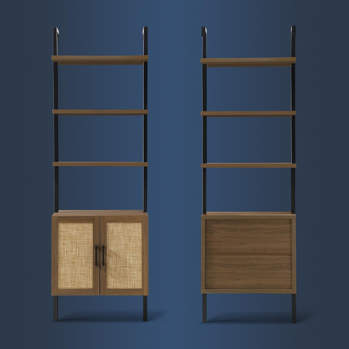 Ladder 73" 5-Shelf Bookcase with Rattan Cabinet