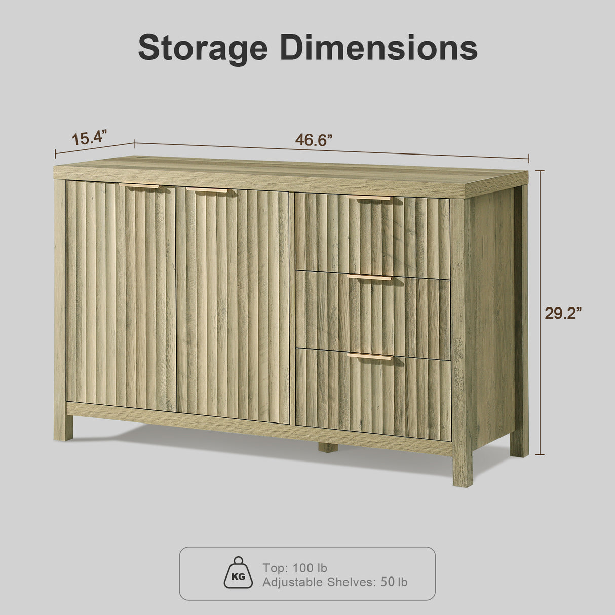 Wooden Fluted Storage Cabinet with Double Doors and 3 Drawers