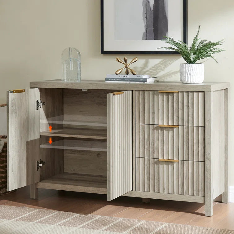 Wooden Fluted Storage Cabinet with Double Doors and 3 Drawers