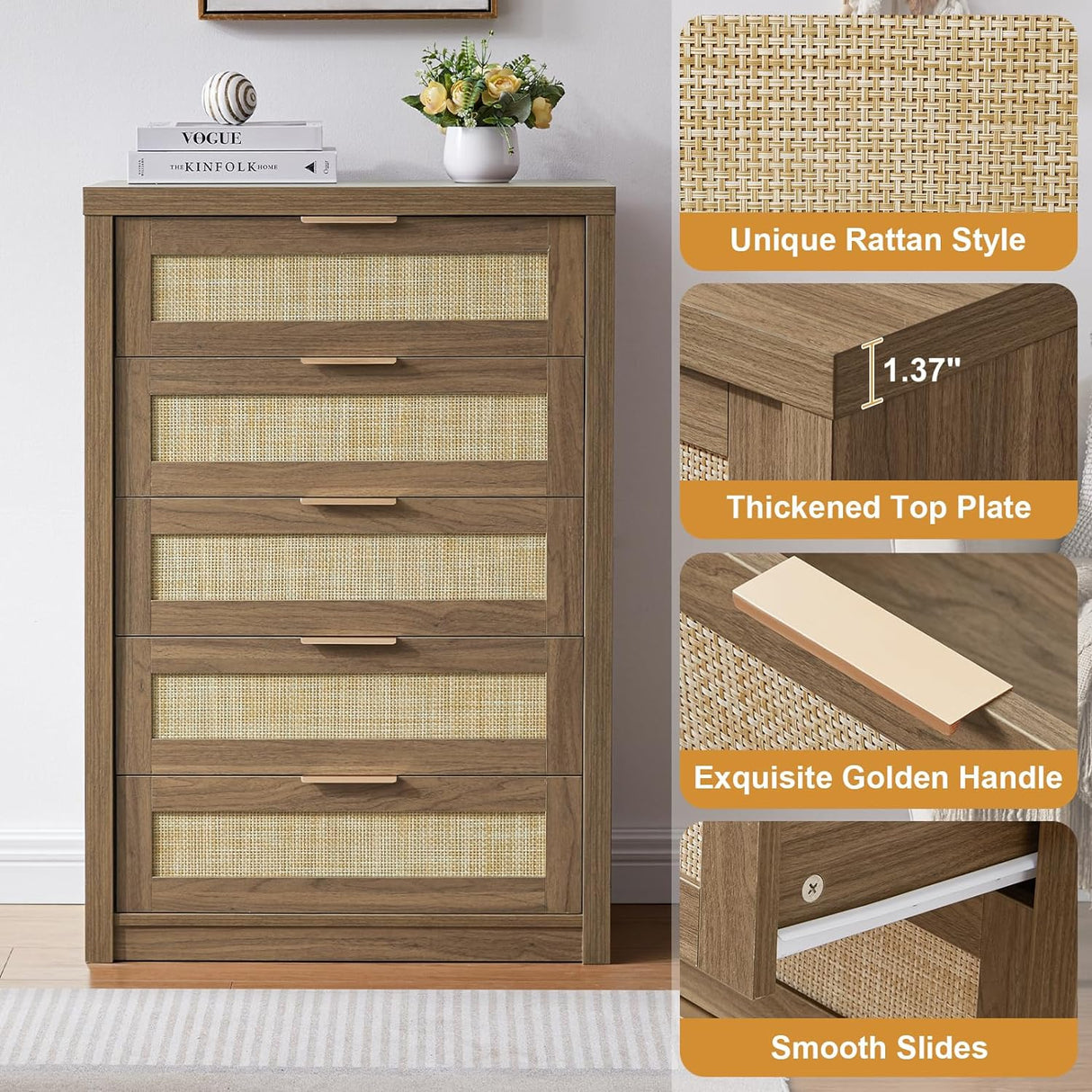 5 Drawer Rattan Dresser Storage Cane Cabinet