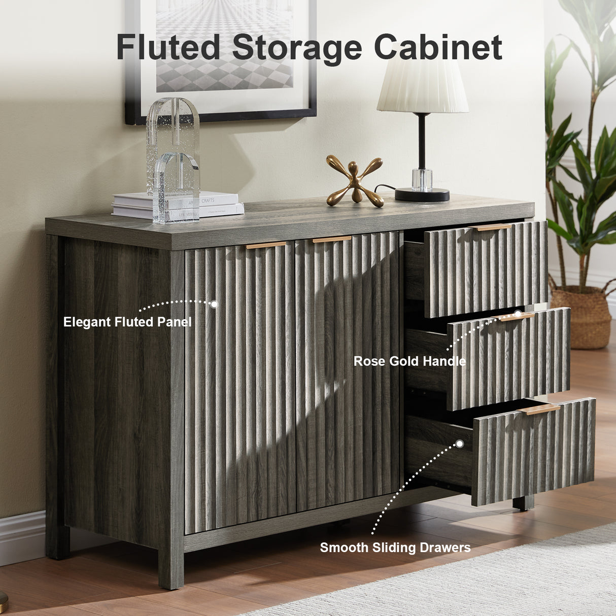 Wooden Fluted Storage Cabinet with Double Doors and 3 Drawers