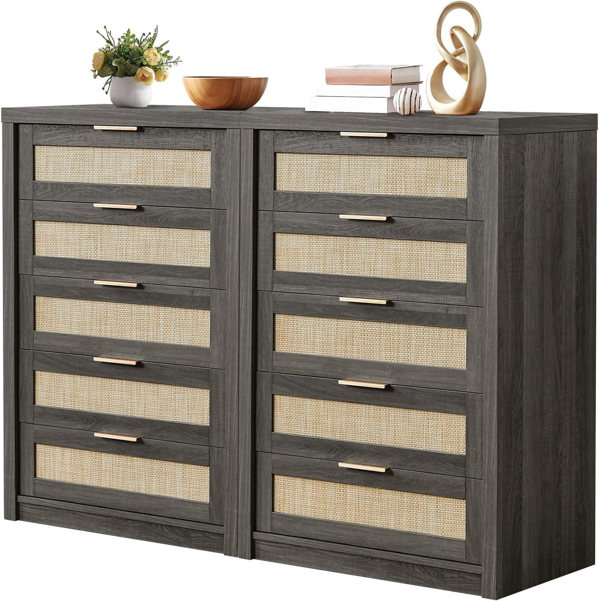 Rattan 5 Drawer Dresser Storage Cane Cabinet