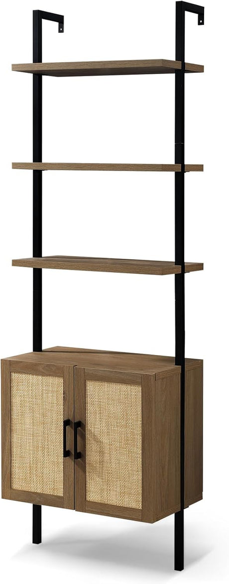 Ladder 5 Tier Bookshelf with Rattan Cabinet, 73" Tall Bookshelf with Oak Wood Storage,Wall Mount Bookshelves with Steel Frame Plant Display for Bedroom, Living Room(Midnight Oak)