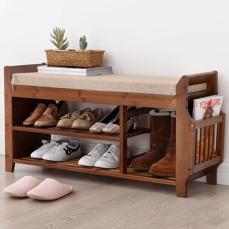 Bamboo Shoe Storage Bench with Hidden Drawer and Side Holder