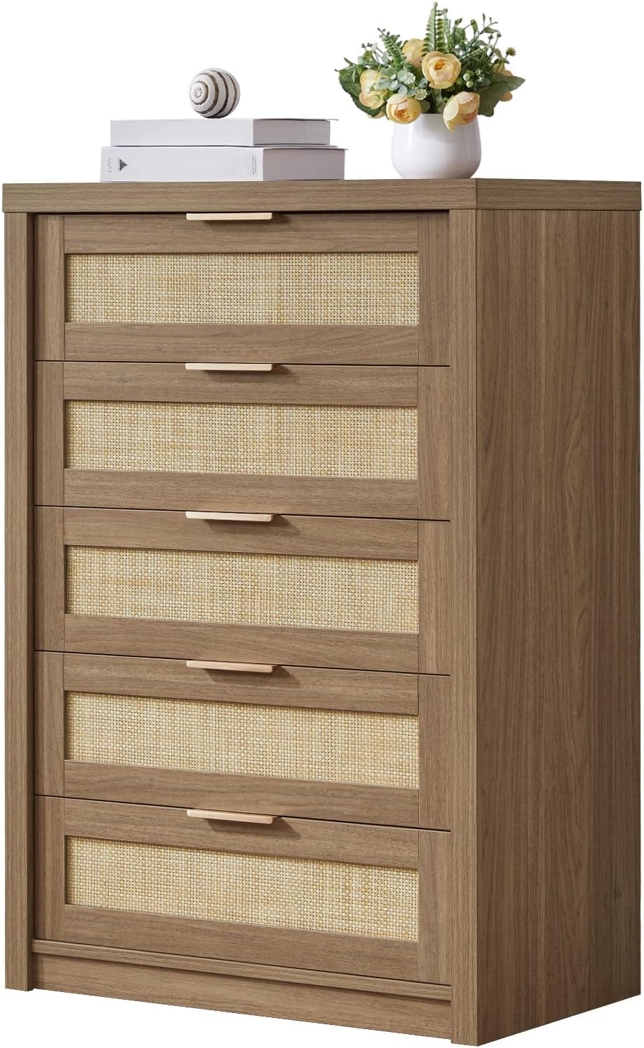 Rattan 5 Drawer Dresser Storage Cane Cabinet