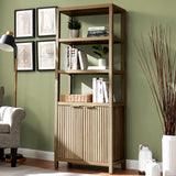 Wooden Fluted 5-Tier Large Tall Book Shelf with Doors Cabinet