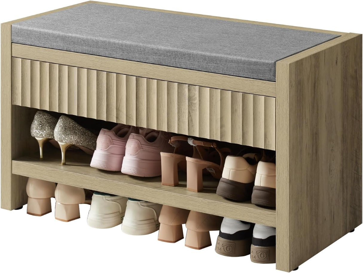 Wooden Fluted Shoe Storage Bench with 2 Drawers