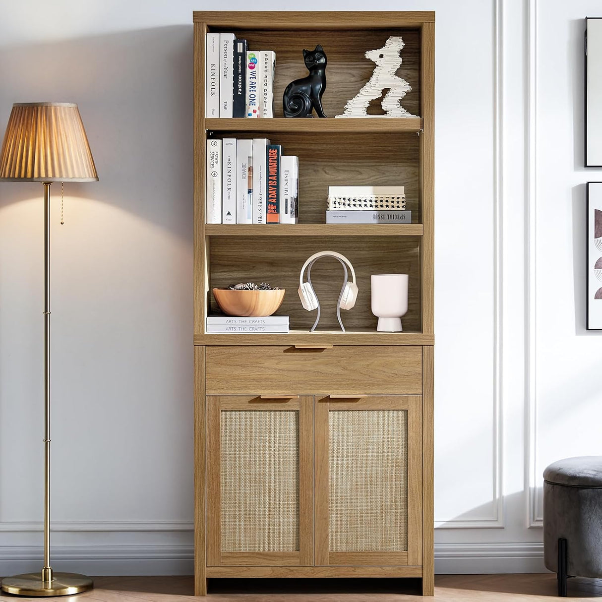 Hampstead Rattan 5-Shelf Bookcase with Door Cabinet