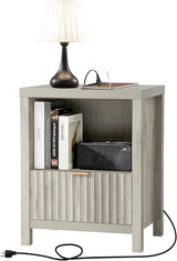 Wooden Fluted Single-Drawer Nightstand with Charging Station