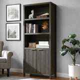 Wooden Fluted 5-Tier Tall Bookcase Cabinet with Doors