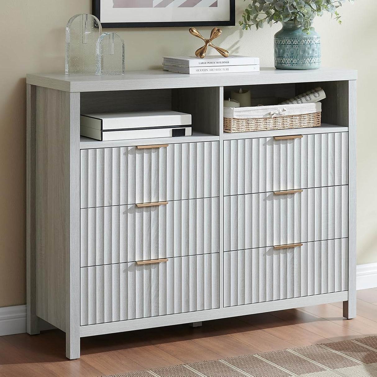 Oxford Fluted Wide Modern Wooden Chest of 6 Drawers