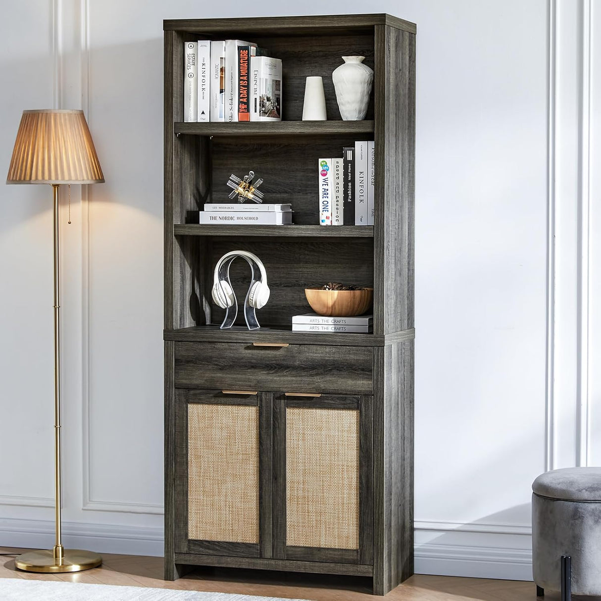 Hampstead Rattan 5-Shelf Bookcase with Door Cabinet