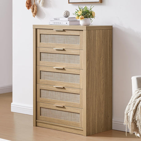 Rattan 5 Drawer Dresser Storage Cane Cabinet