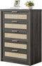 Rattan 5 Drawer Dresser Storage Cane Cabinet