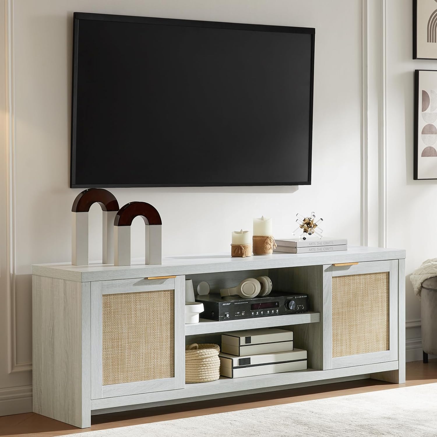 Rattan 65 Inch TV Stand with 2 Door Storage TV Stands Mid Century Modern TV Stand highstand Special Walnut 1PC Engineered Wood