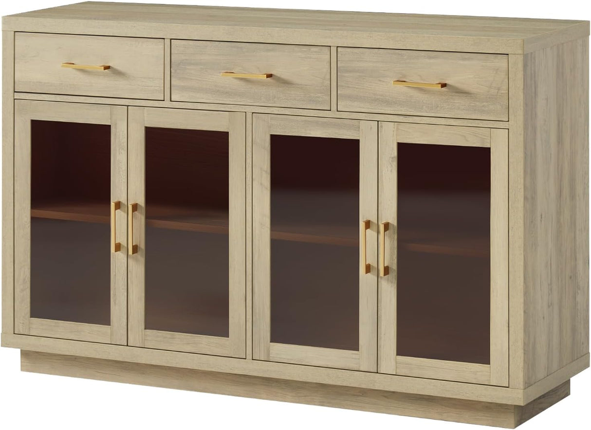 Glass 4 Doors Wooden Buffet Cabinet with 3 Top Drawers