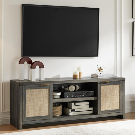 Rattan 65-Inch TV Stand with 2-Door Storage