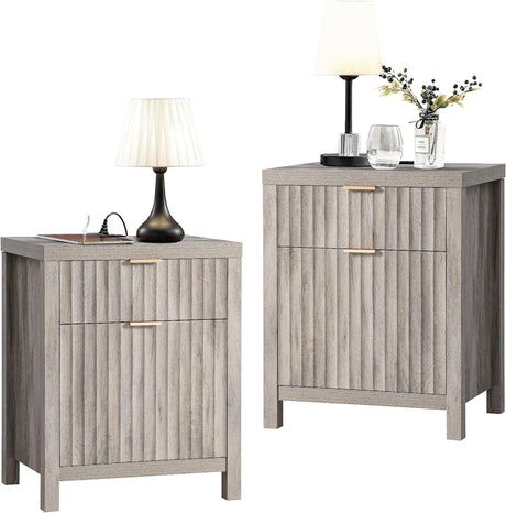 Oxford 2 Drawer Nightstand with Charging Station, Fluted Panel